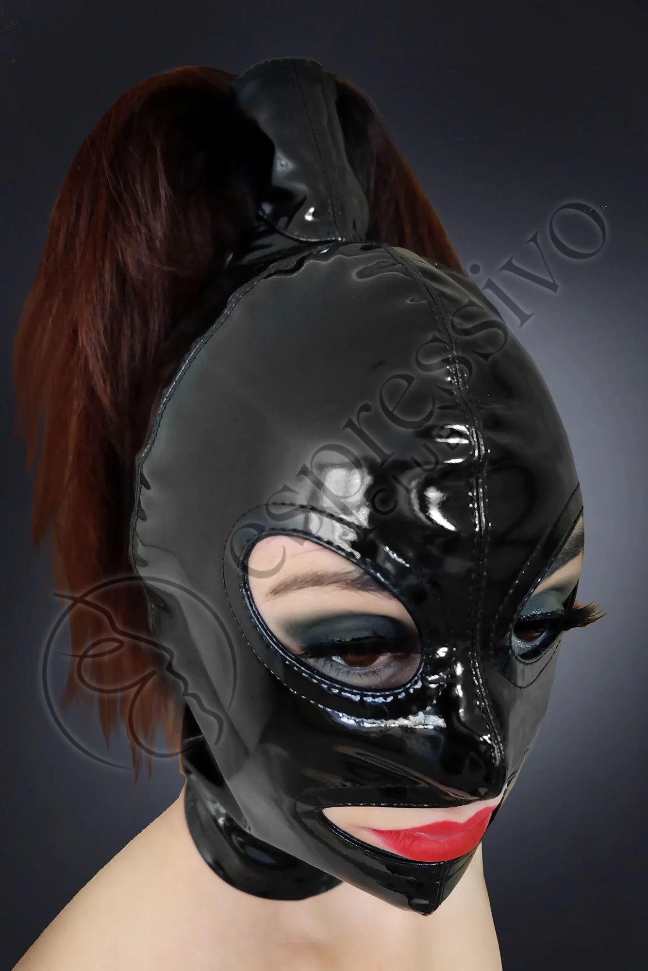 BDSM Tight PVC ponytail hood - open eyes & mouth