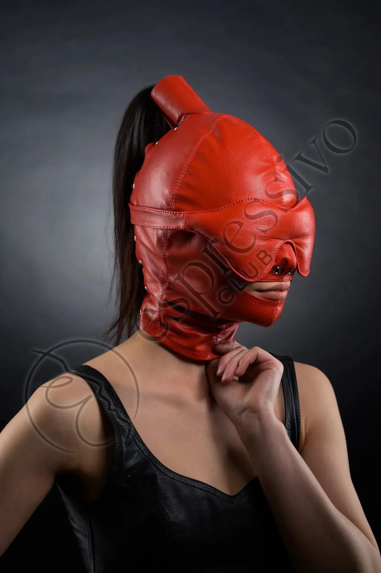 Real Leather Bondage Set In Red: Of Bdsm Ponytail Hood + Leather Blindfold & Muffle Gag Masks