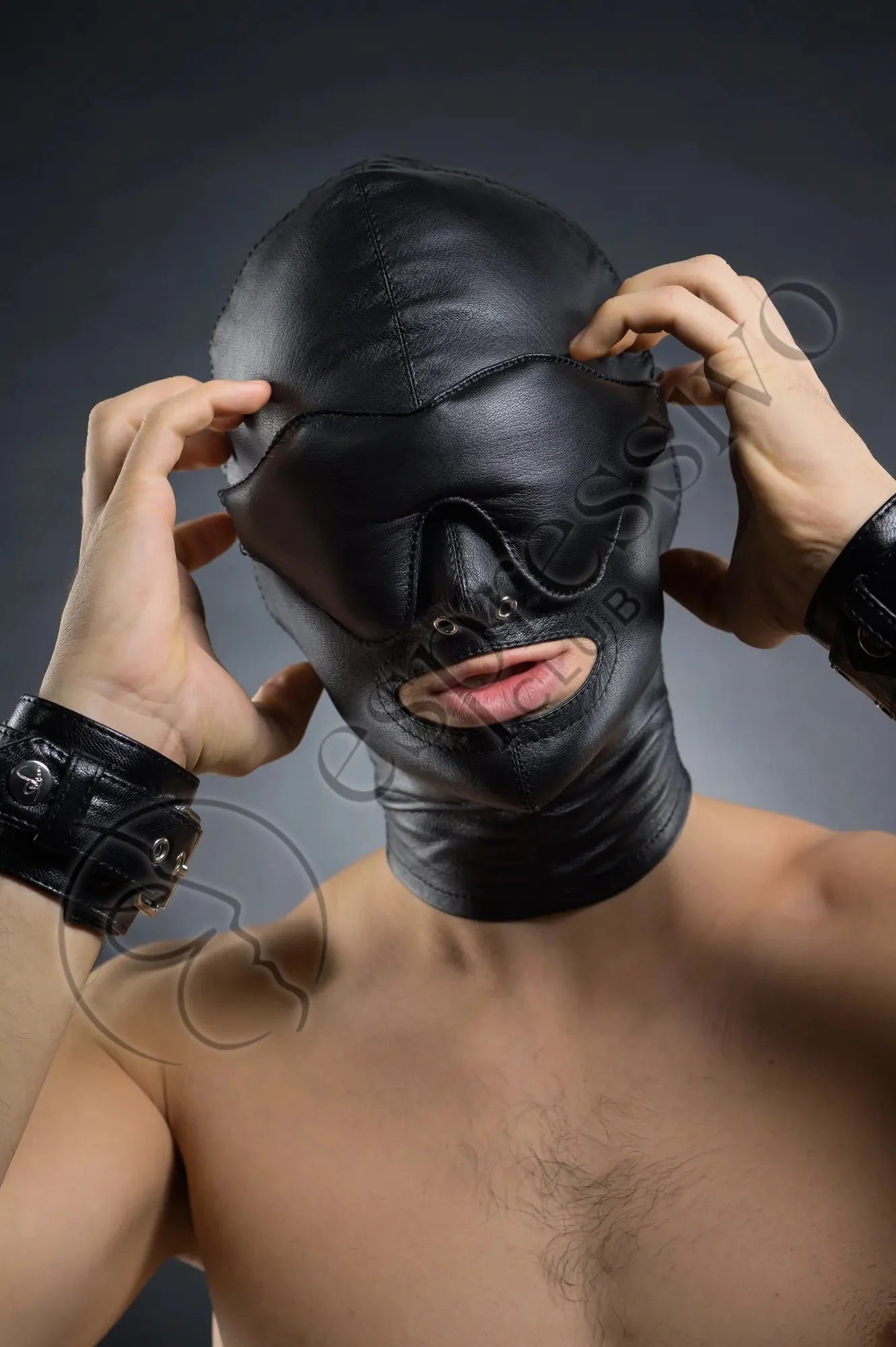 Real Leather Bondage Set Of Tight Bdsm Hood + Leather Blindfold & Muffle Gag Masks