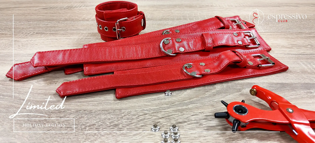 red leather cuffs and collars in production process