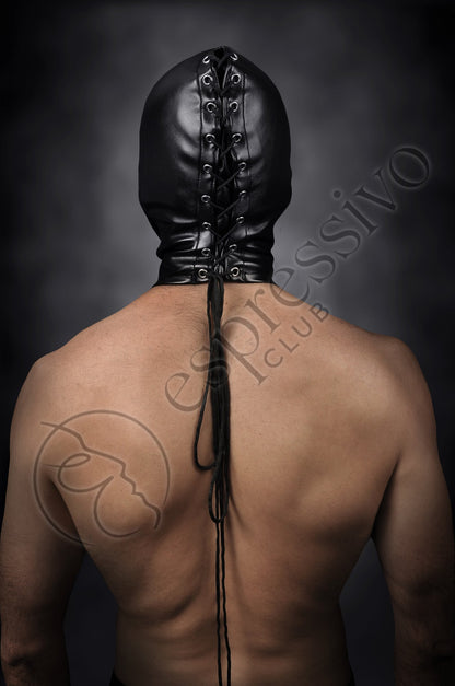 EspressivoClub Black Bdsm Tight Leather Hood - Open Eyes & Mouth 110- 2