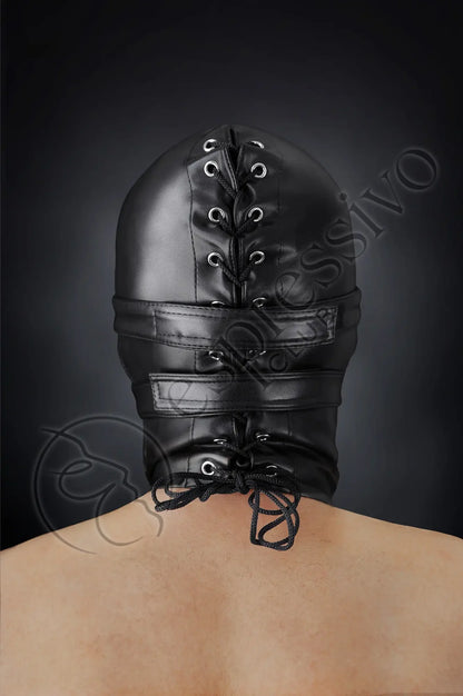 Bondage set of tight BDSM hood + leather blindfold & muffle gag Masks Vegan leather