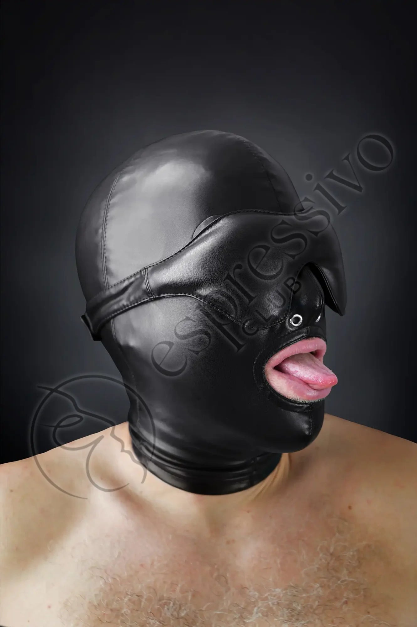 Bondage set of tight BDSM hood + leather blindfold & muffle gag Masks Vegan leather