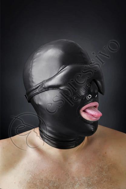 Bondage set of tight BDSM hood + leather blindfold & muffle gag Masks Vegan leather