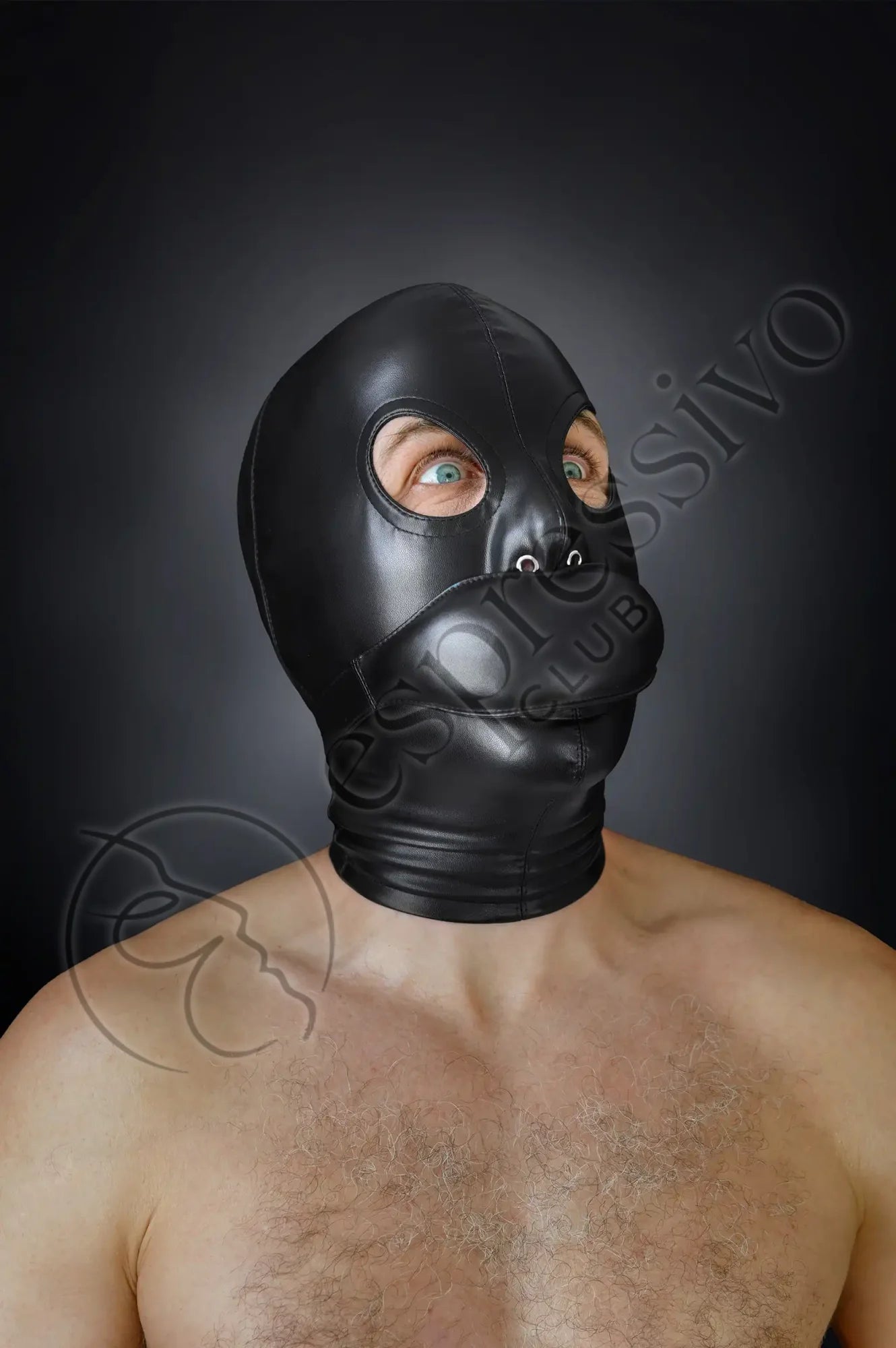 Bondage set of tight BDSM hood + leather blindfold & muffle gag Masks Vegan leather