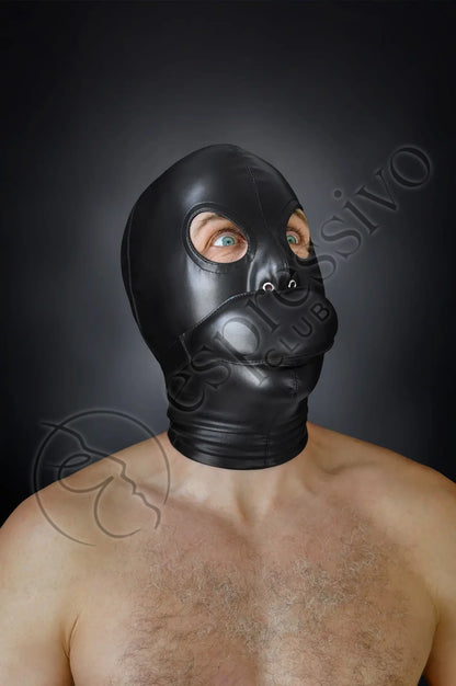 Bondage set of tight BDSM hood + leather blindfold & muffle gag Masks Vegan leather