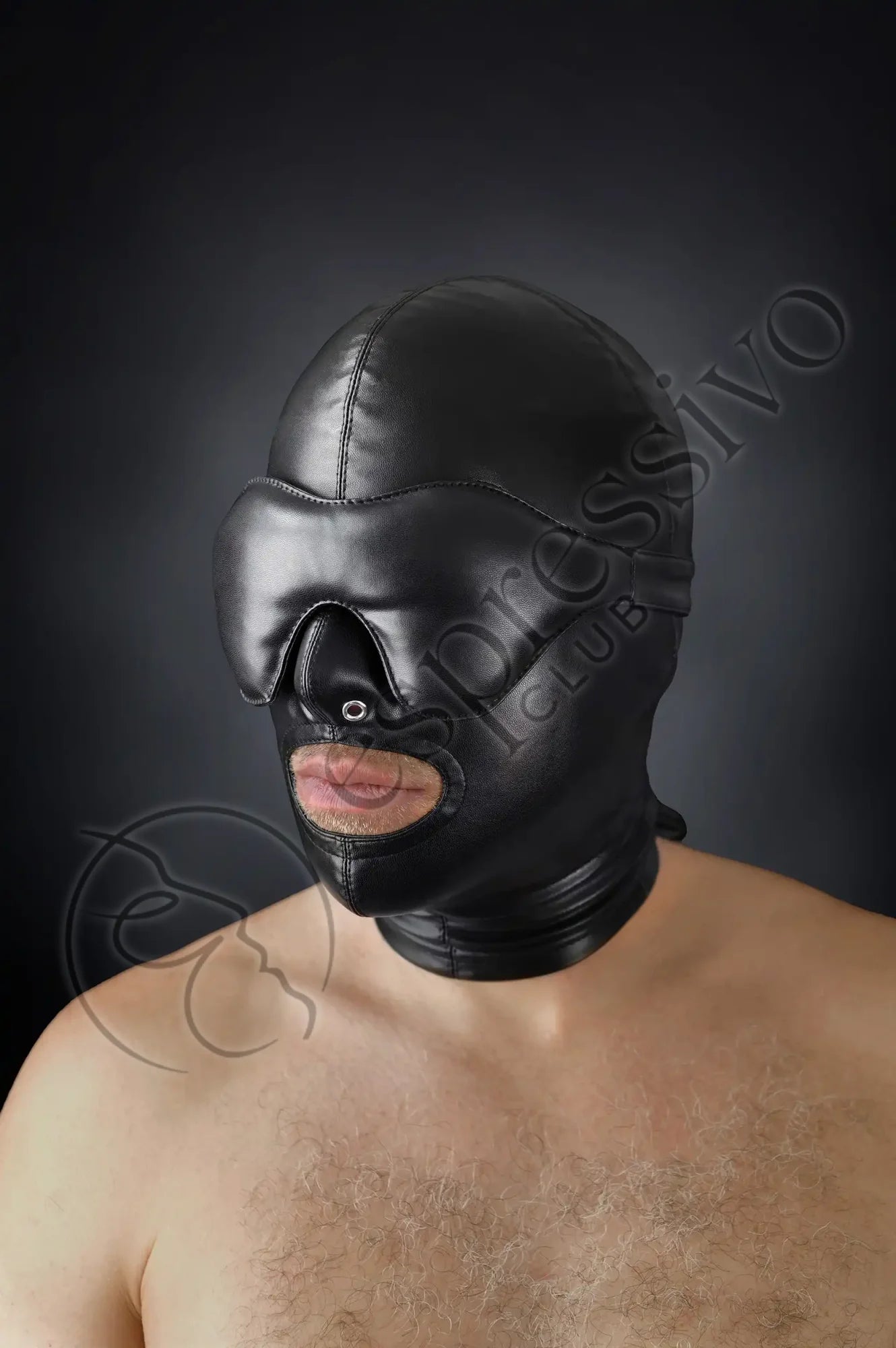Bondage set of tight BDSM hood + leather blindfold & muffle gag Masks Vegan leather