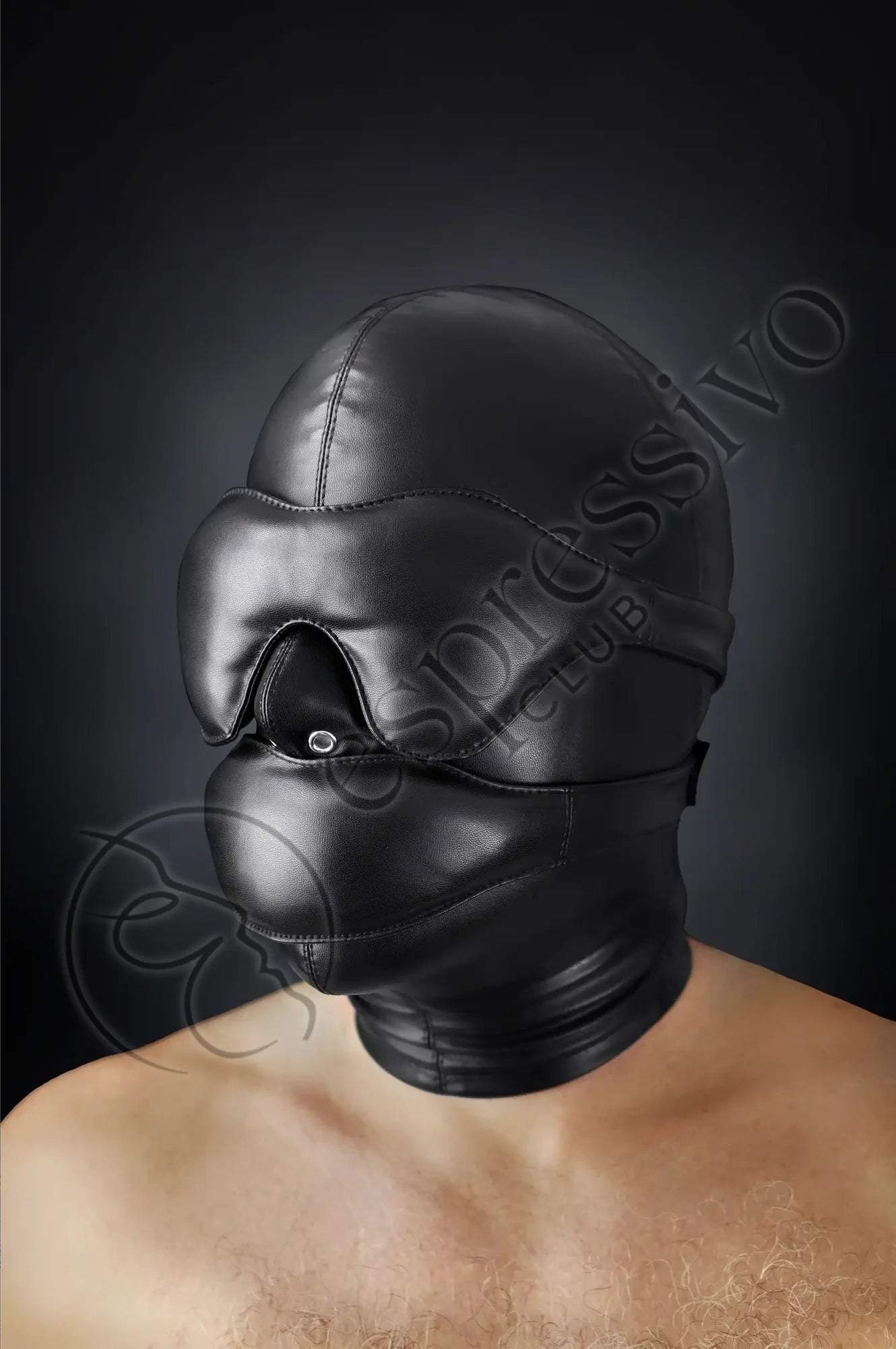 Bondage set of tight BDSM hood + leather blindfold & muffle gag Masks Vegan leather