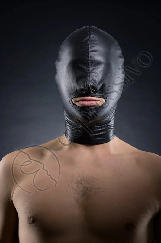 Open mouth cocksucker real leather hood for extreme bondage sex