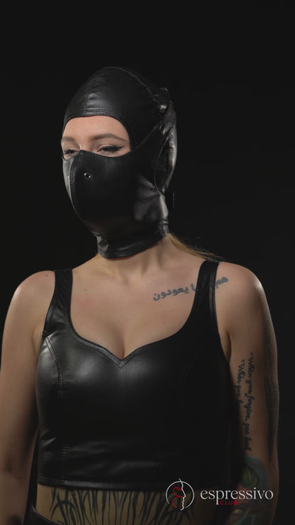 Contraintes Bdsm - capuche BDSM en cuir véritable + masque facial doublé en cuir