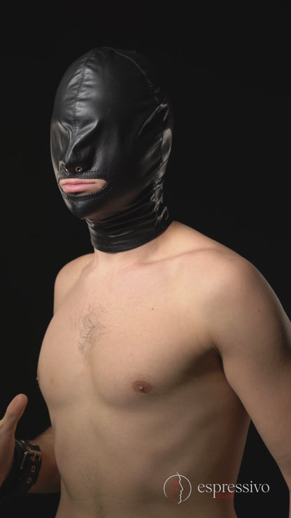 Open mouth cocksucker real leather hood for extreme bondage sex