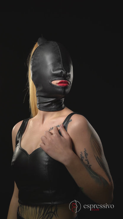 Open mouth cocksucker ponytail bondage hood - Real Leather