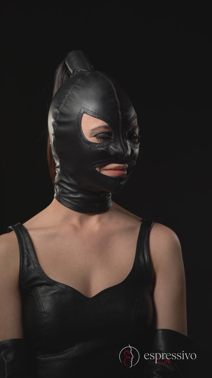 Capuche queue de cheval Delux BDSM - masque dominatrice - cuir véritable