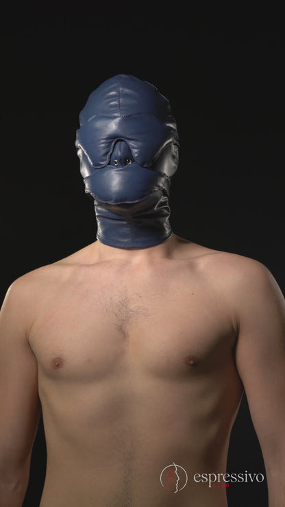 Ensemble de bondage en cuir véritable en bleu : cagoule BDSM serrée + bandeau en cuir et bâillon moufle