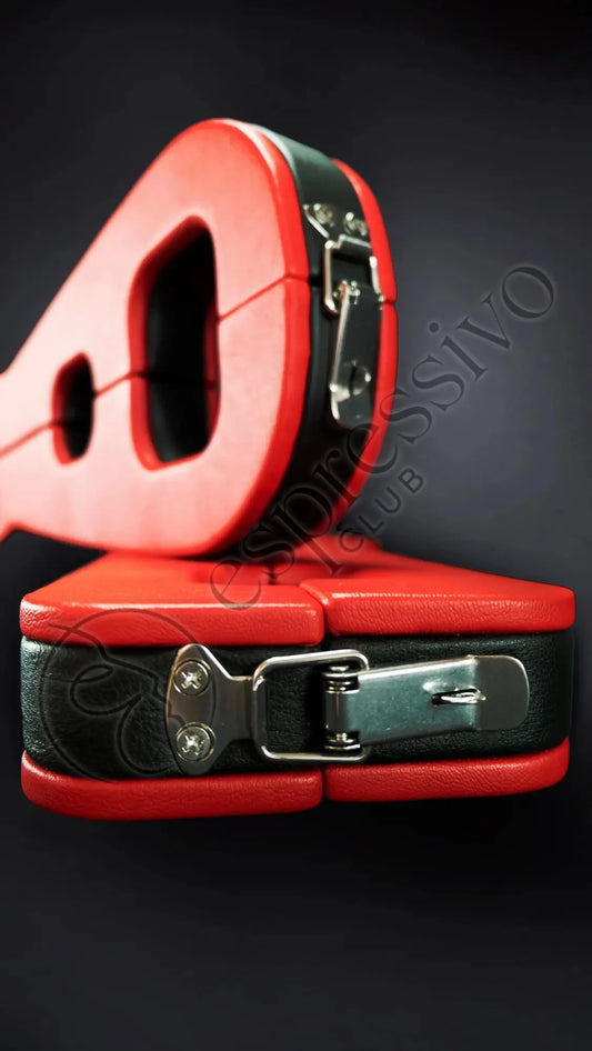Red BDSM Bondage Stocks for hands and ankles - Pair View