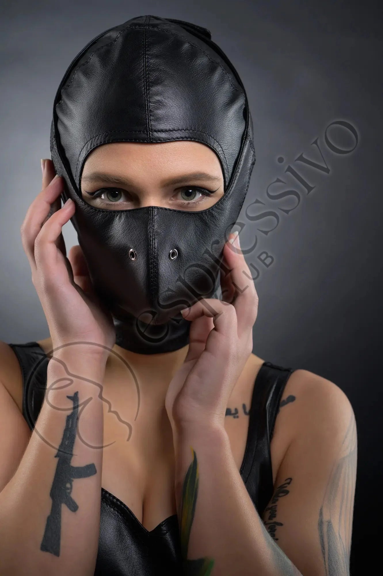 Real Leather BDSM Restraints - hood and leather lined face mask