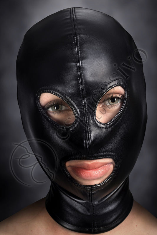 BDSM Tight Leather Hood - Open Eyes & Mouth