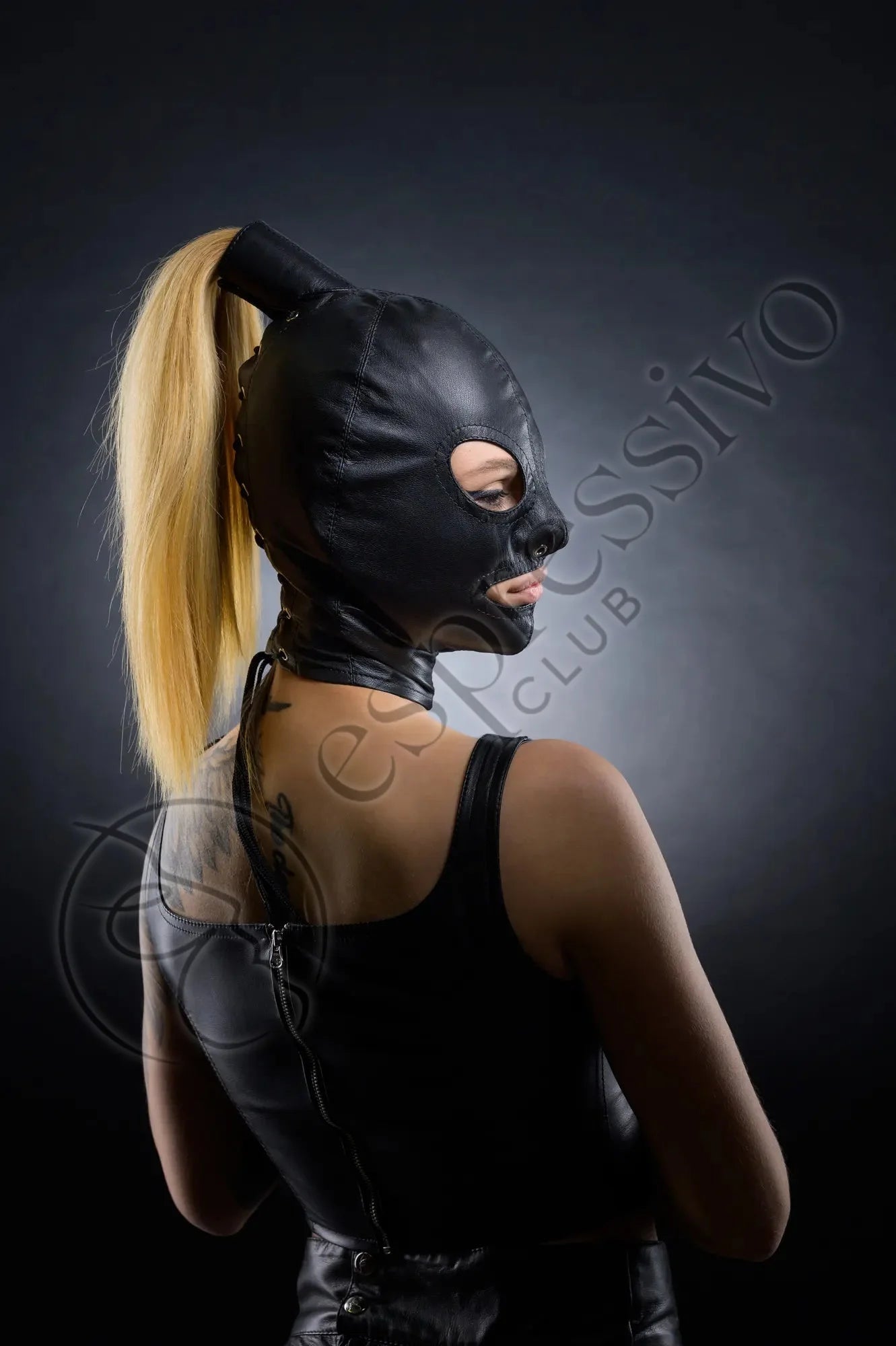 Real Leather BDSM Tight Ponytail Hood with Open Eyes & Mouth - Female Model Back