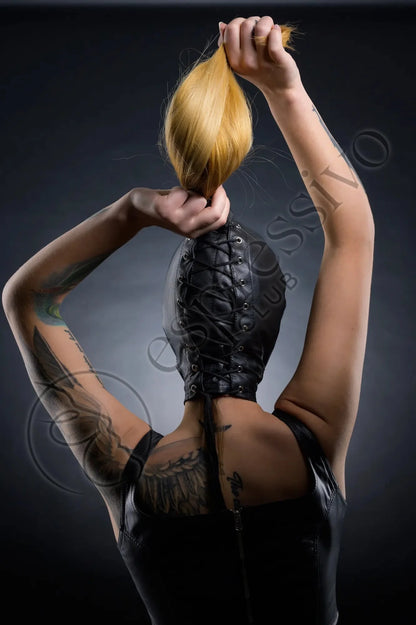 Real Leather BDSM Tight Ponytail Hood with Open Eyes & Mouth - Back closure type