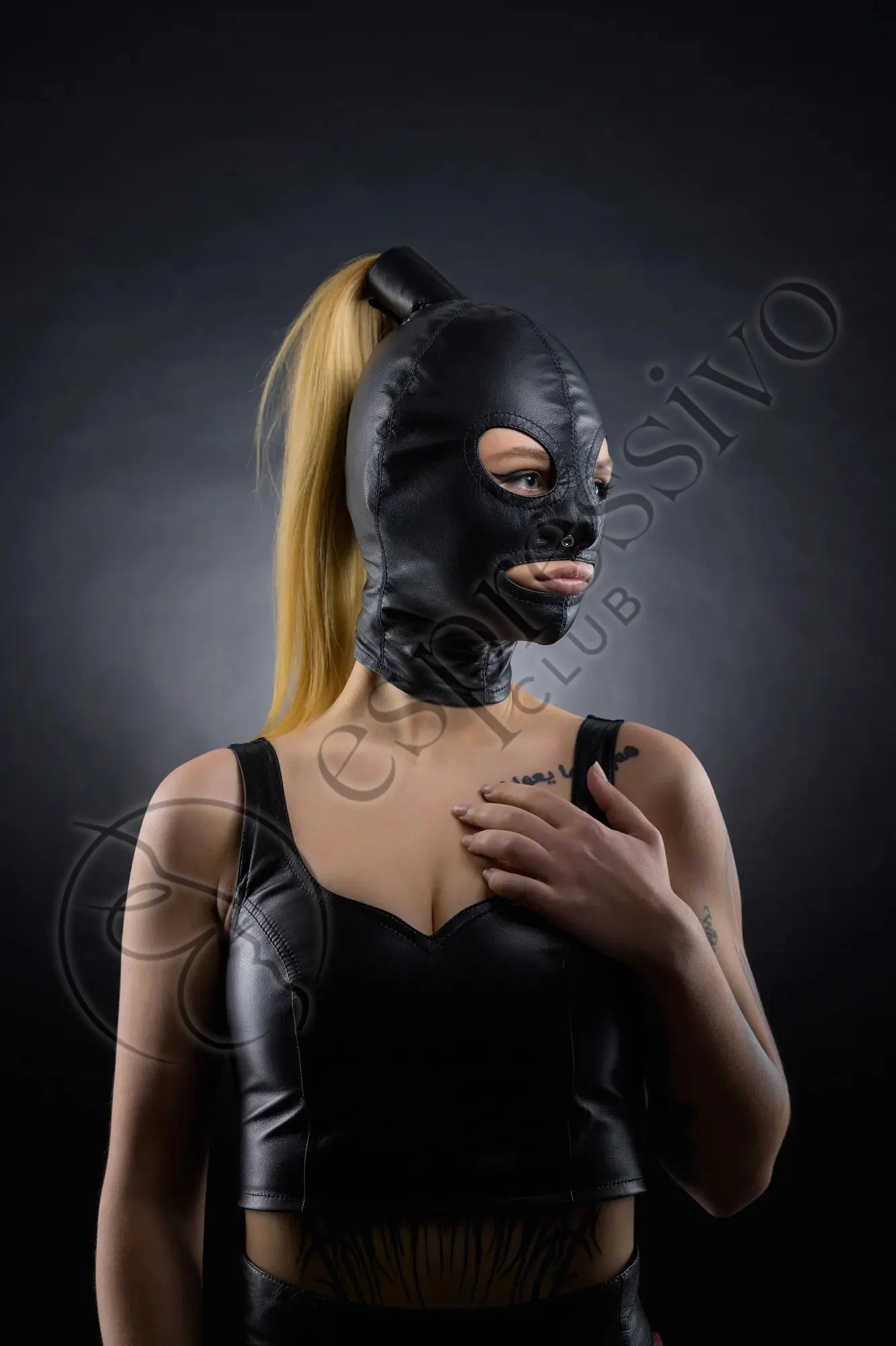 Real Leather BDSM Tight Ponytail Hood with Open Eyes & Mouth - Female Model Long Shot