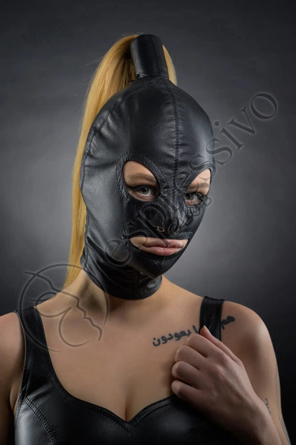 Real Leather BDSM Tight Ponytail Hood with Open Eyes & Mouth - Female Model Front