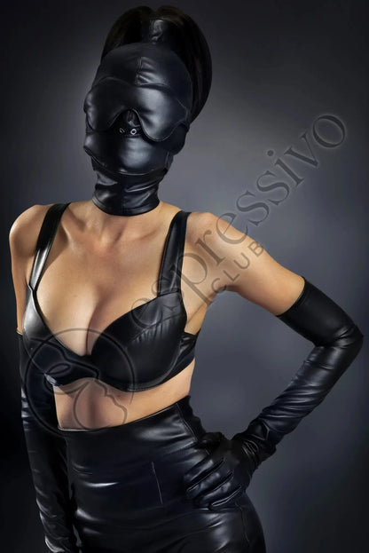 EspressivoClub Black Bondage Set Of Bdsm Tight Ponytail Hood + Leather Blindfold & Muffle Gag Masks 111+ 2