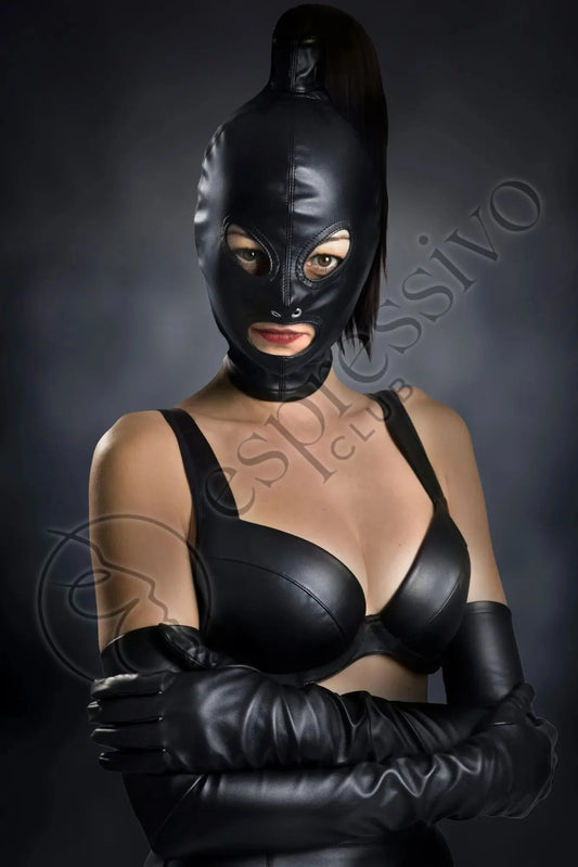 Bondage set of BDSM tight ponytail hood with leather blindfold & muffle gag