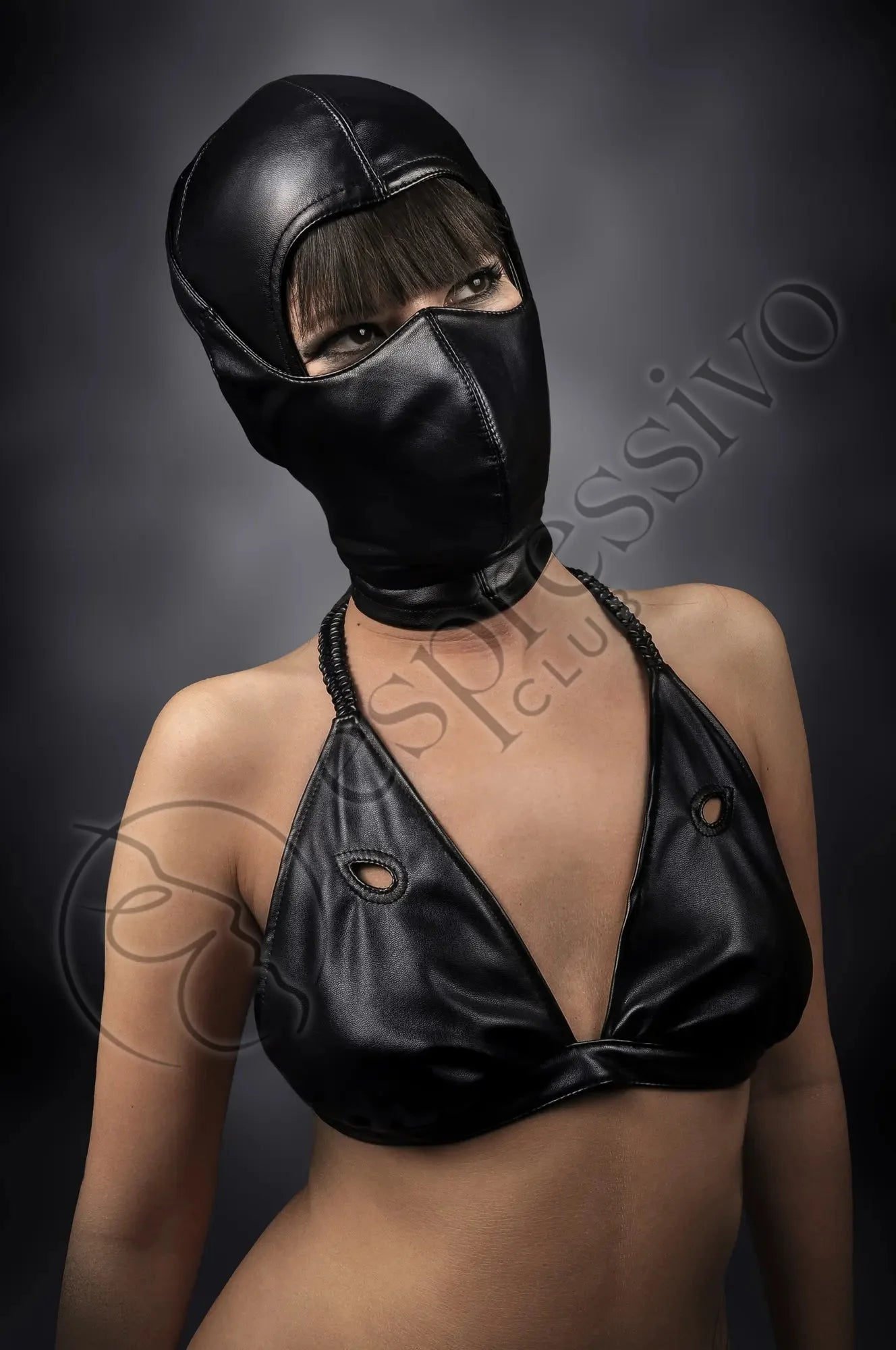 EspressivoClub Black Bondage Set Of Open Face Bdsm Hood + Leather Mask Masks 121 - 2
