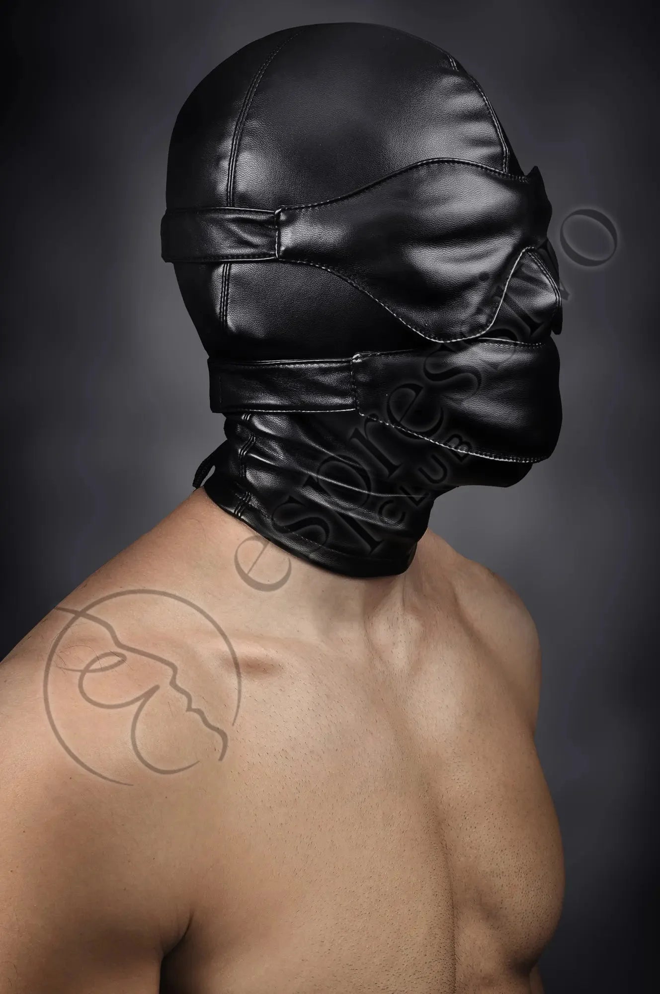 EspressivoClub Black Bondage Set Of Tight Bdsm Hood + Leather Blindfold & Muffle Gag Masks 110+ 2
