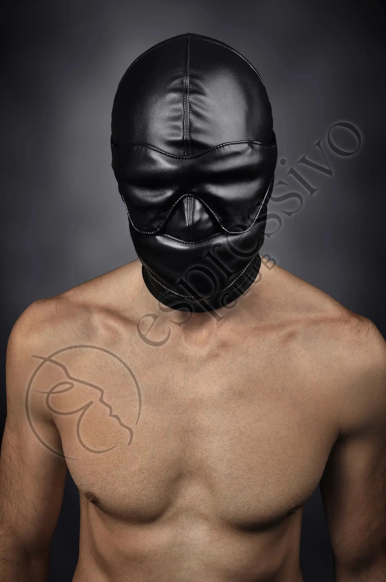 EspressivoClub Black Bondage Set Of Tight Bdsm Hood + Leather Blindfold & Muffle Gag Masks 110+ 3
