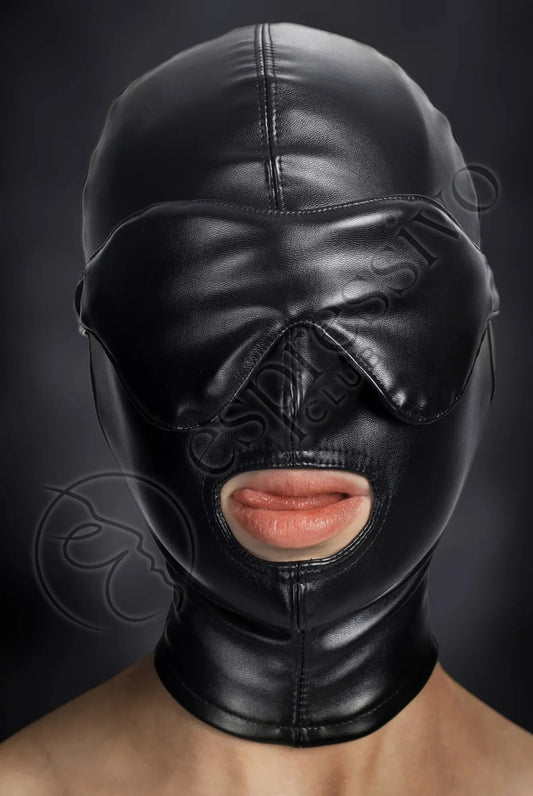 Bondage set of tight BDSM hood with leather blindfold & muffle gag