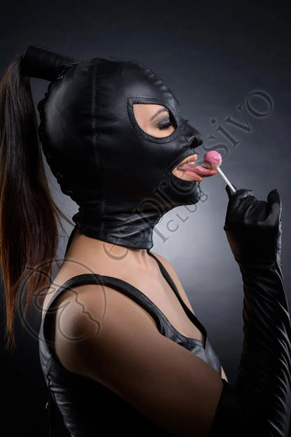 EspressivoClub Black Delux Bdsm Ponytail Hood - Dominatrix Mask Real Leather Masks Leather RL112 - 2