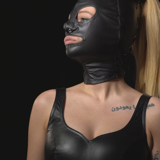 Real Leather BDSM Tight Ponytail Hood with Blindfold & Muffle Gag Mask Video