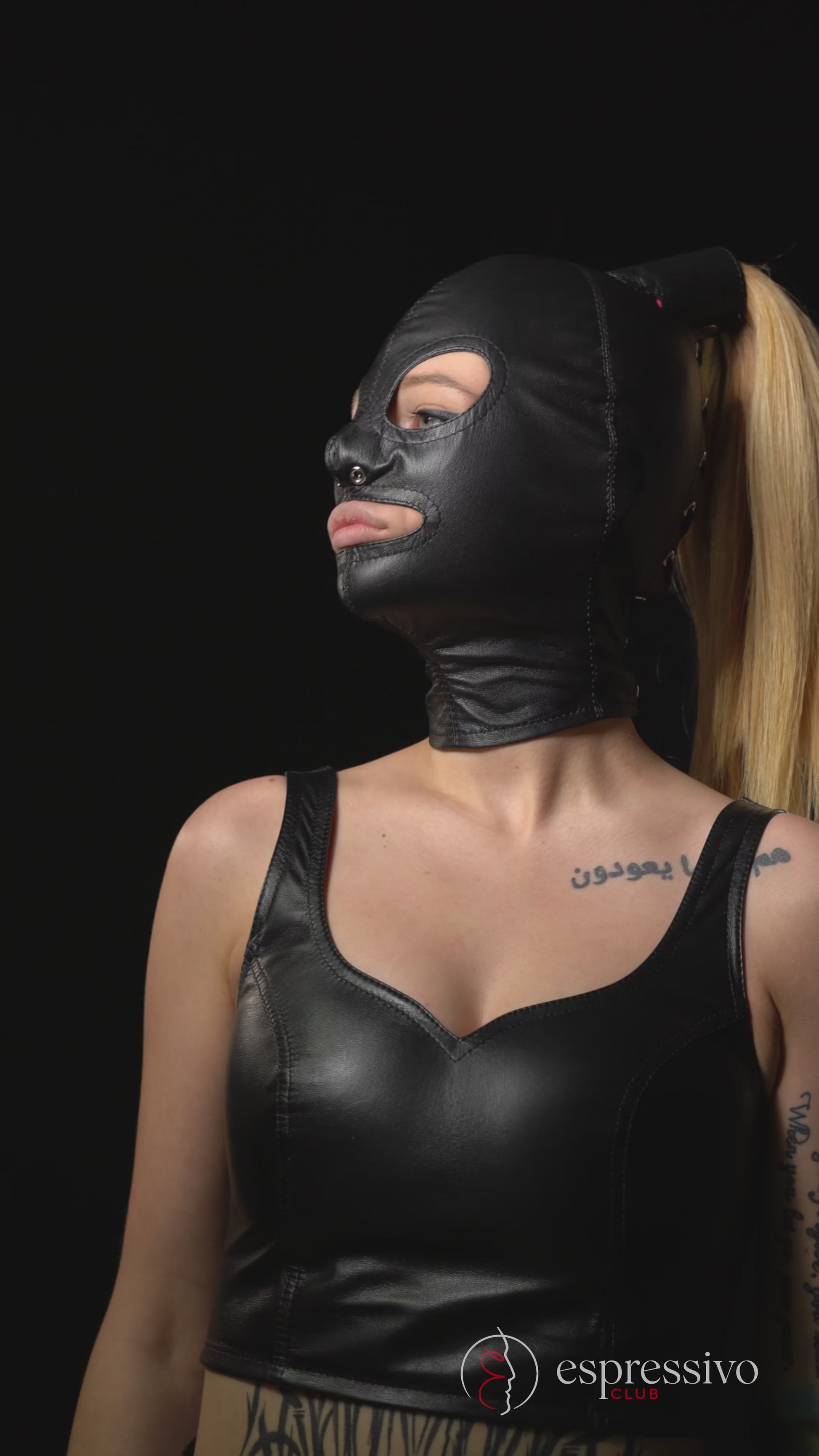 Real Leather BDSM Tight Ponytail Hood with Blindfold & Muffle Gag Mask Video