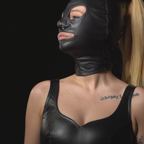 Real Leather BDSM Tight Ponytail Hood with Open Eyes & Mouth - Video Showcase