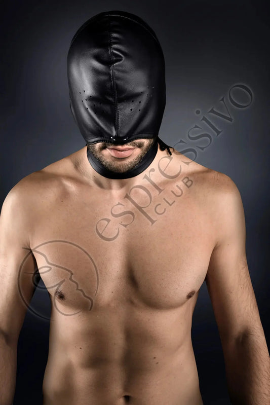 Open chin bondage hood with pinholes eyes for BDSM psychedelic effect