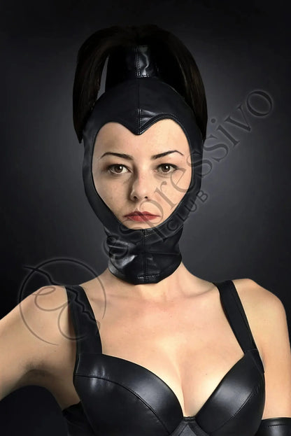Open-Face BDSM Leather Hood with Ponytail Tube
