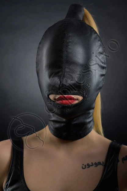 EspressivoClub Black Open Mouth Cocksucker Ponytail Bondage Hood - Real Leather Masks Leather RL162 - 2