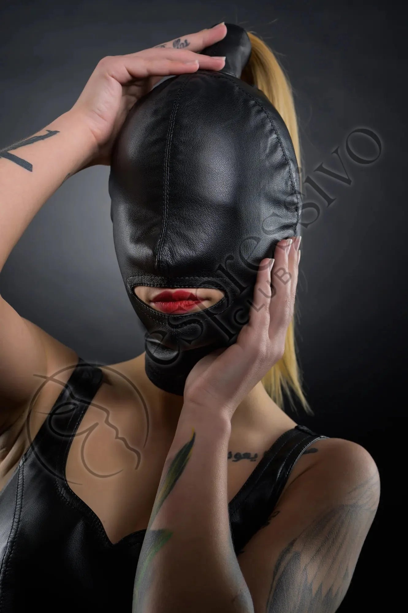 EspressivoClub Black Open Mouth Cocksucker Ponytail Bondage Hood - Real Leather Masks Leather RL162 - 3