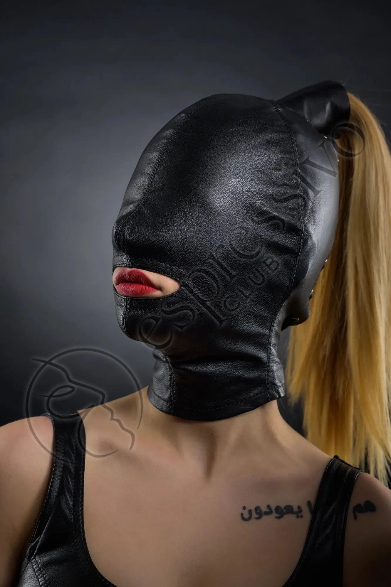Real Leather Open mouth cocksucker ponytail bondage hood