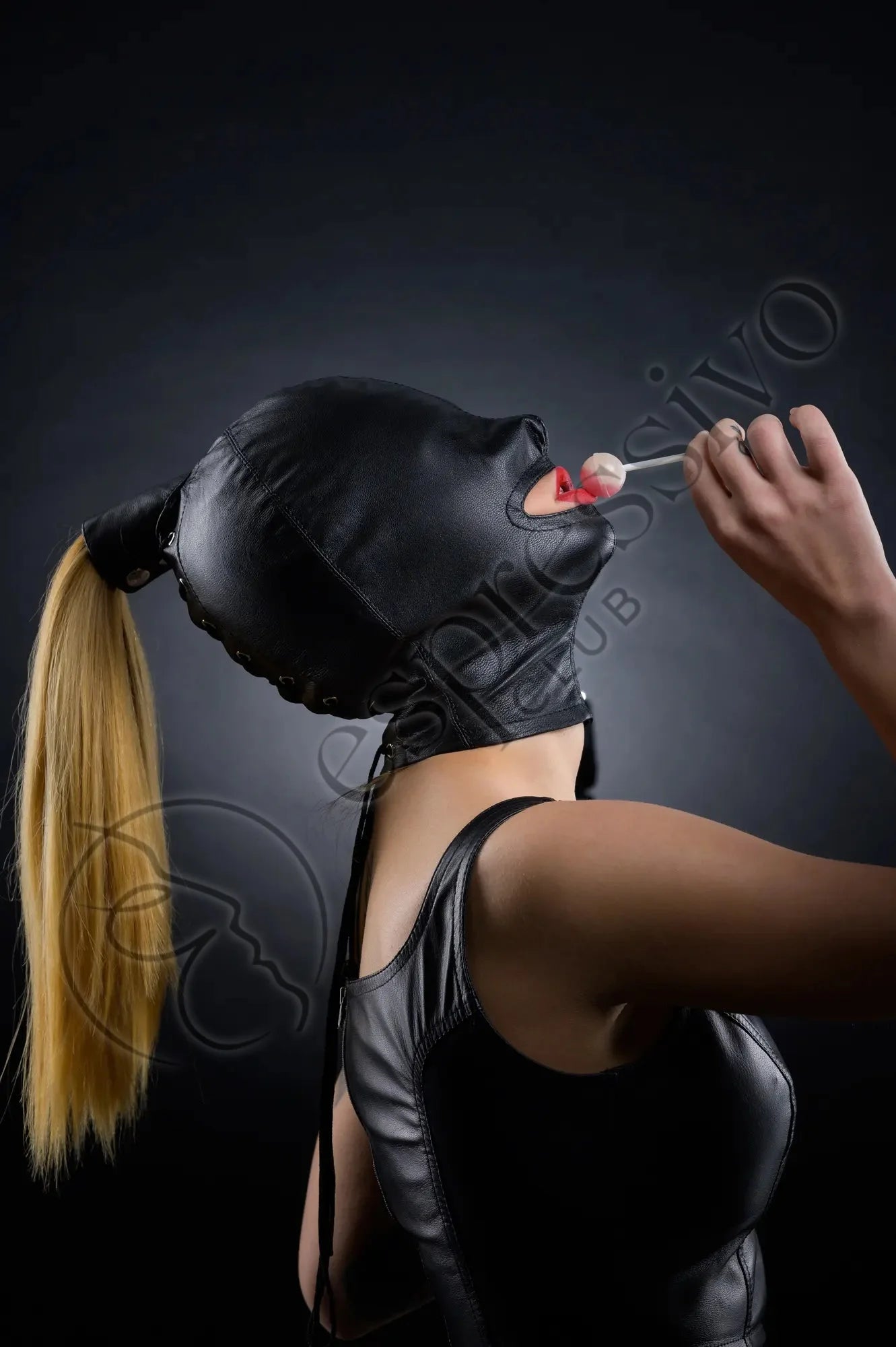 EspressivoClub Black Open Mouth Cocksucker Ponytail Bondage Hood - Real Leather Masks Leather RL162 - 4