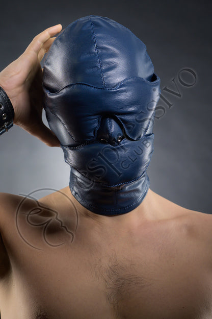 Tight BDSM hood with Leather Blindfold and Muffle Gag