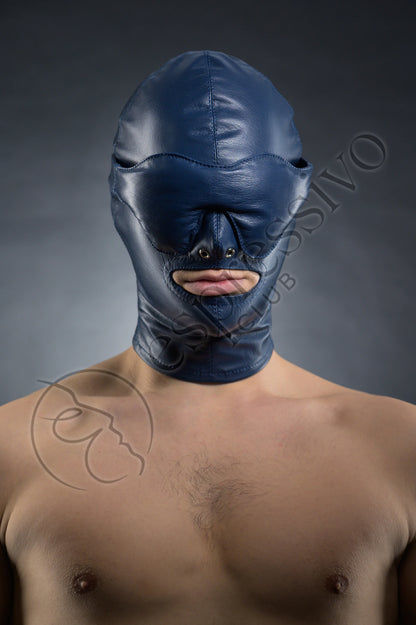 Real Leather Bondage set in Blue: Tight BDSM Hood with Leather Blindfold and Muffle Gag