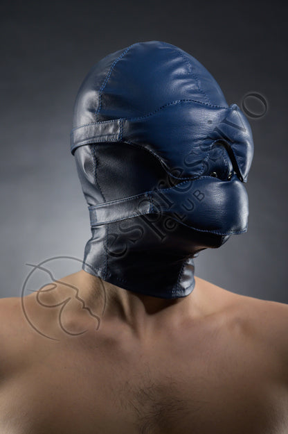 Real Leather Bondage set in Blue: Tight BDSM Hood with Leather Blindfold and Muffle Gag