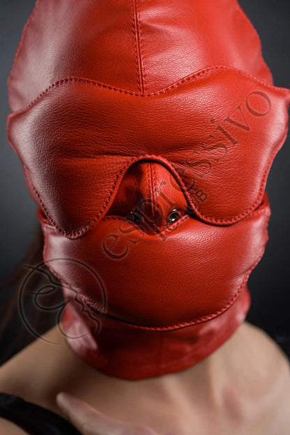 Real Leather Bondage Set In Red: Of Bdsm Ponytail Hood + Leather Blindfold & Muffle Gag Masks