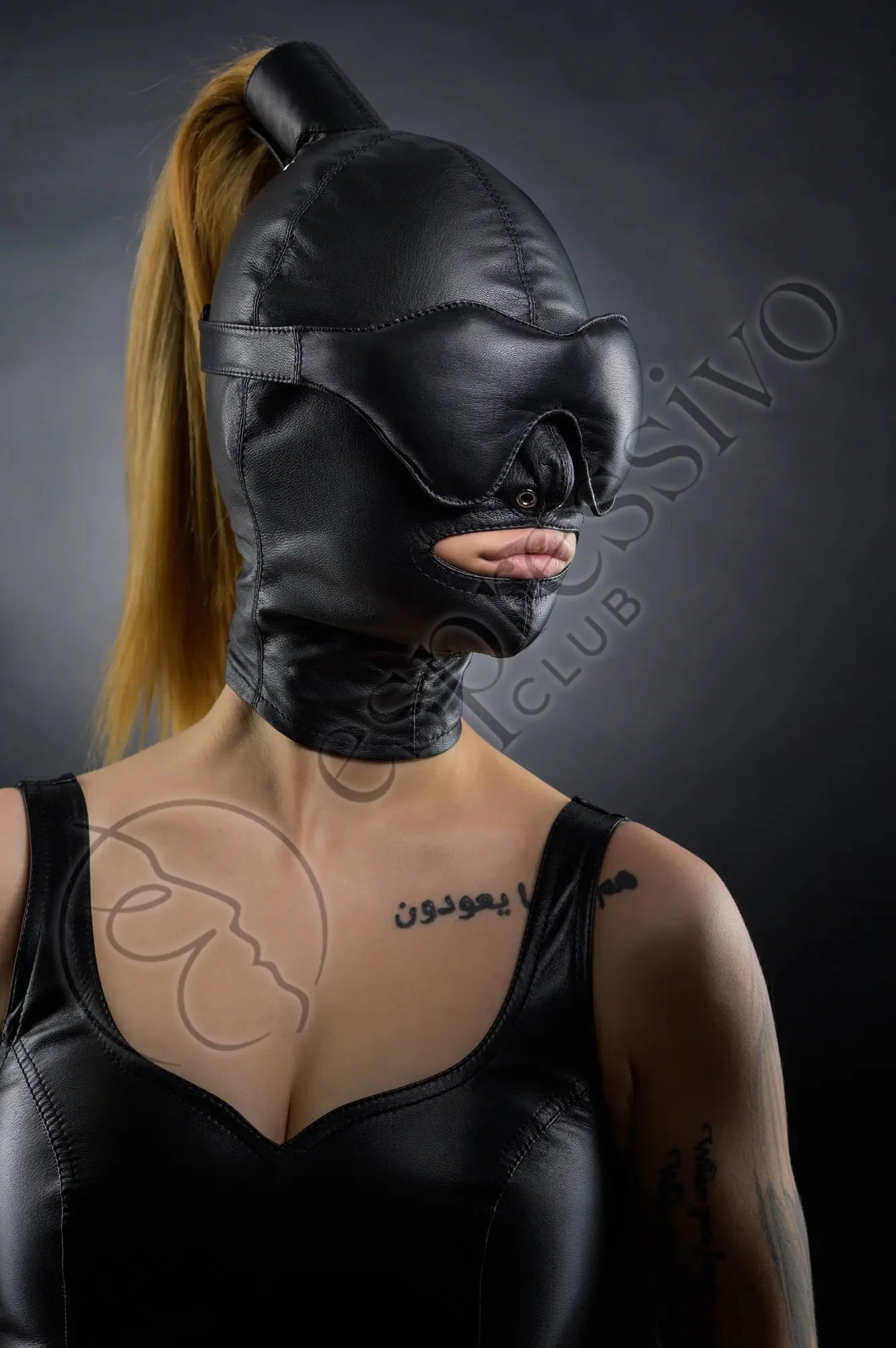 Real Leather Bondage Set of BDSM Tight Ponytail Hood with Leather Blindfold and Muffle Gag