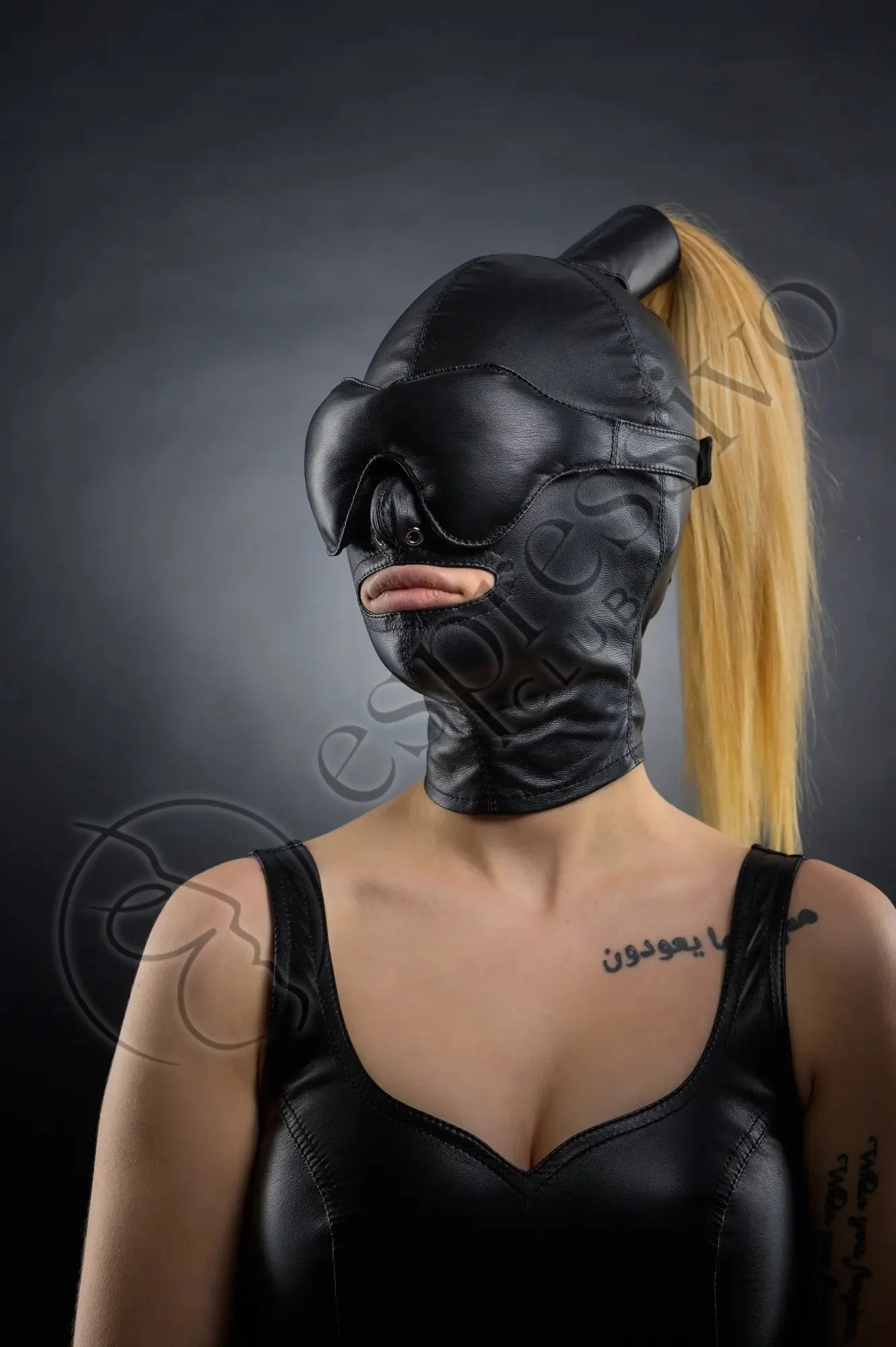 Real Leather BDSM Tight Ponytail Hood with Blindfold & Muffle Gag Mask - Bottom View