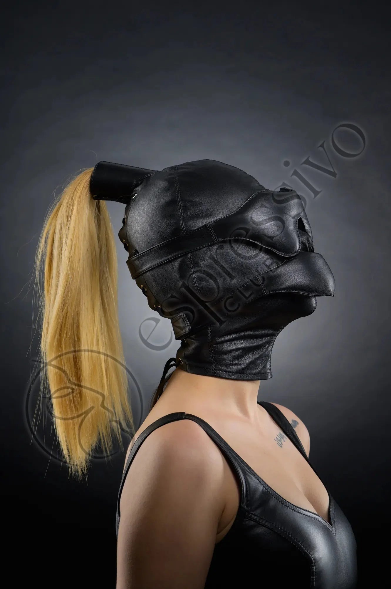 Real Leather BDSM Tight Ponytail Hood with Blindfold & Muffle Gag Mask - Muffle Gag on, Side View
