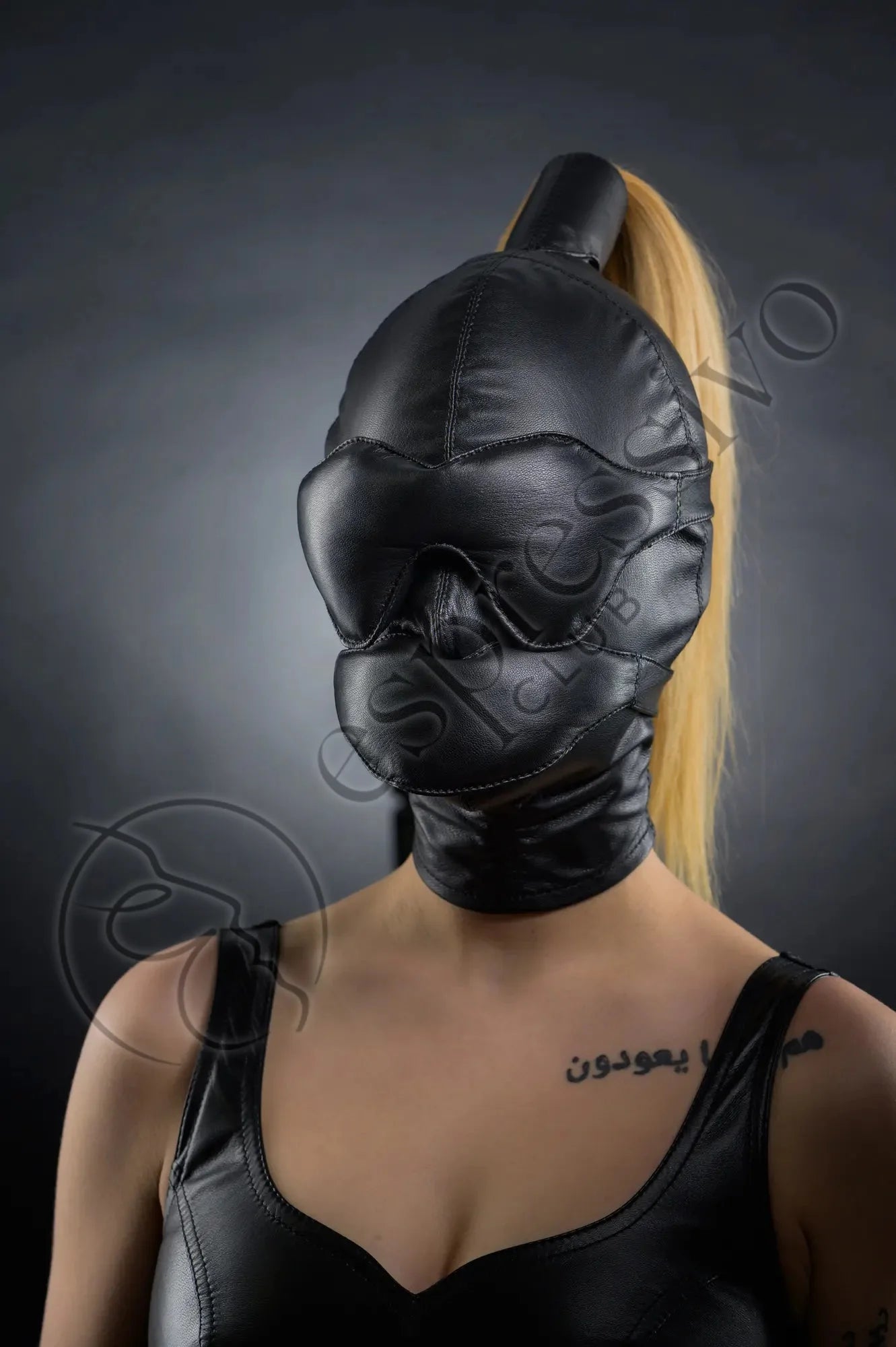 Real Leather BDSM Tight Ponytail Hood with Blindfold & Muffle Gag Mask - Muffle Gag On