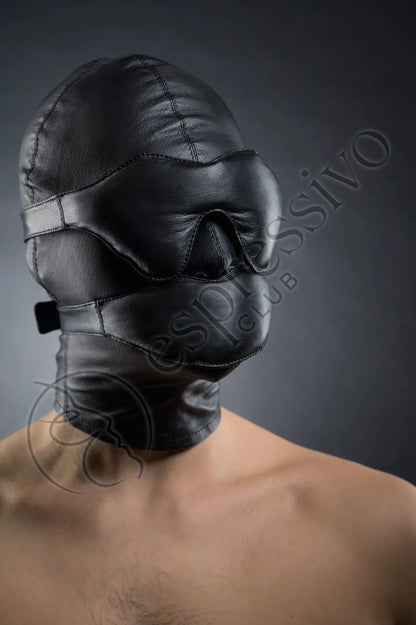 Real Leather Bondage Set Of Tight Bdsm Hood + Leather Blindfold & Muffle Gag Masks